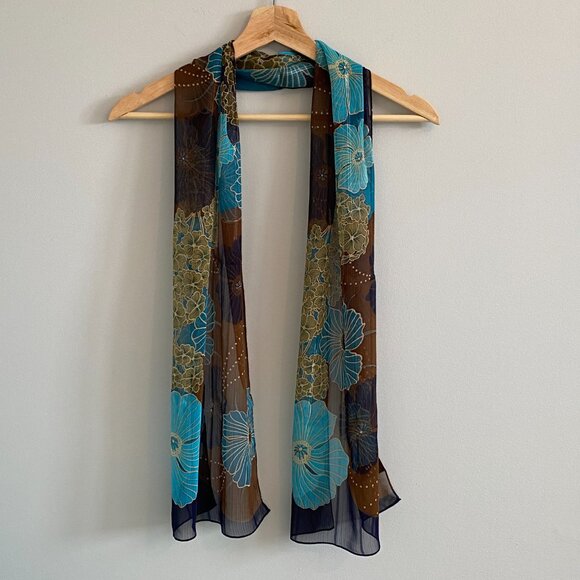 2/$20 👒 Vintage Oldstock Sheer Scarf with Blue and Brown Floral Pattern - Picture 1 of 6